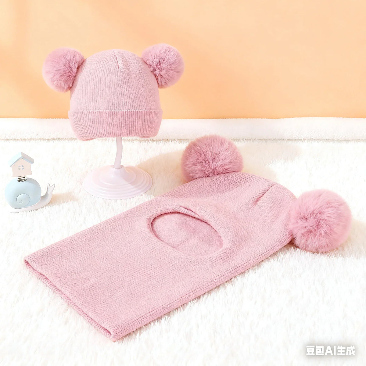 Kids Winter Hooded Knitted Hat - Warm Double-Ball Cap with Ear & Neck Protection