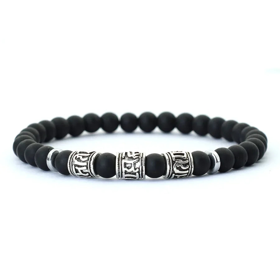 Noter Mantra Bracelet for Men – 6mm Howlite, Lava, and Tiger Eye Beads, Viking Accessories, Tibetan Bracelet
