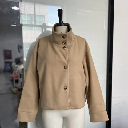 Women’s Short Woolen Coat - Stand Collar Loose Zipper Jacket for Spring Autumn Fashion Outerwear