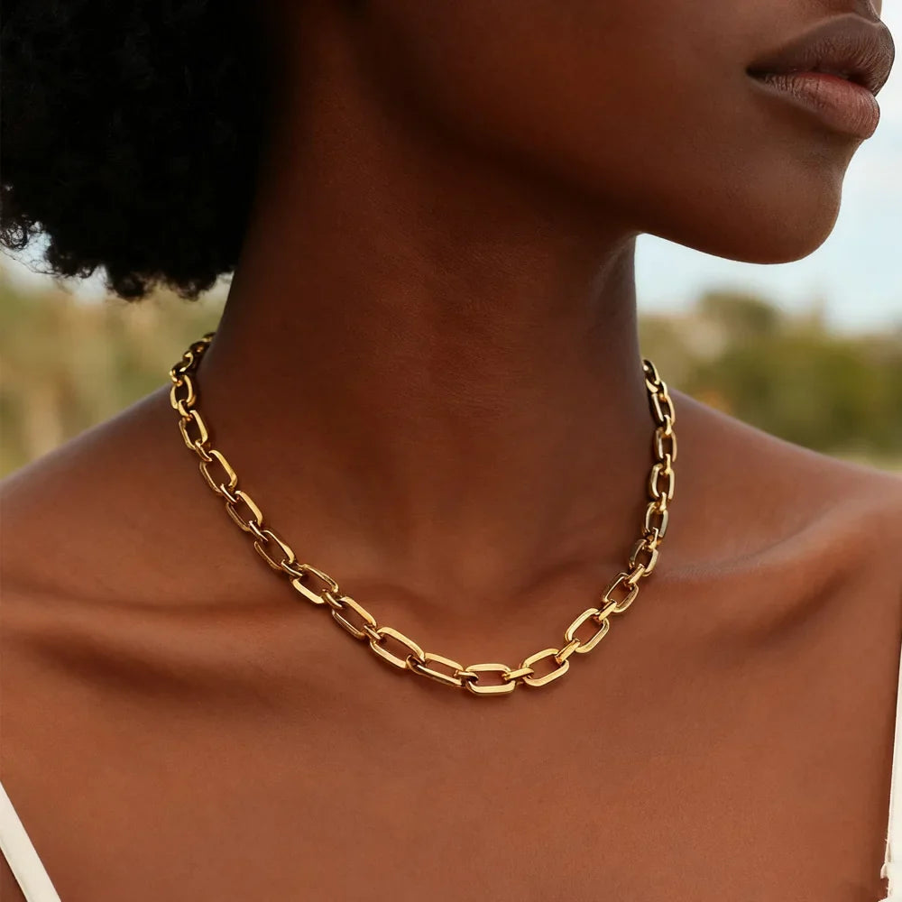 Chunky Gold-Plated Link Necklace — Stainless Steel Oval Chain Choker for Women, Minimalist Jewelry