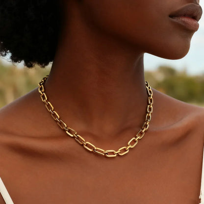 Chunky Gold-Plated Link Necklace — Stainless Steel Oval Chain Choker for Women, Minimalist Jewelry