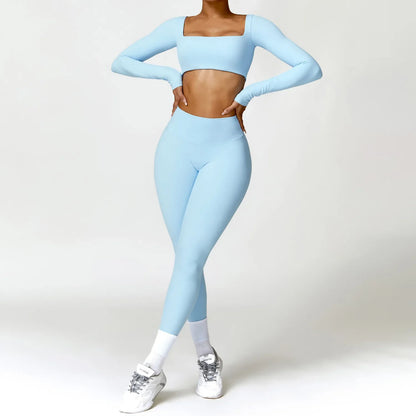 Hearuisavy 2PCS Long Sleeve Gym Set for Women, Quick-Drying Yoga Clothes, Sportswear, Running Leggings, Workout Sports Crop Top
