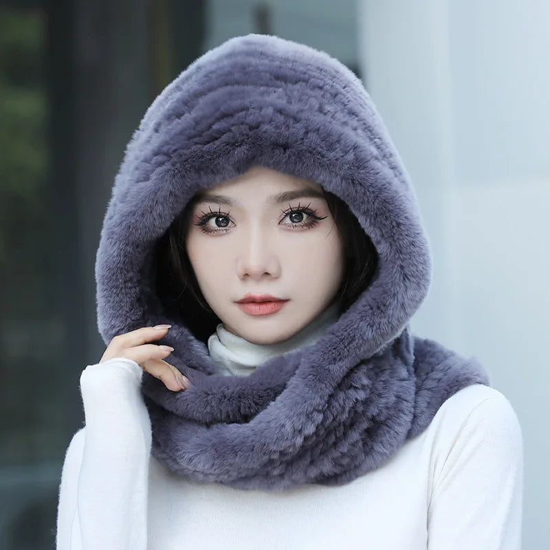 2025 Women’s Knitted Rex Rabbit Fur Hat – Hooded Scarf with Neck Collar, Long Winter Warm Fur Hat & Scarf Set