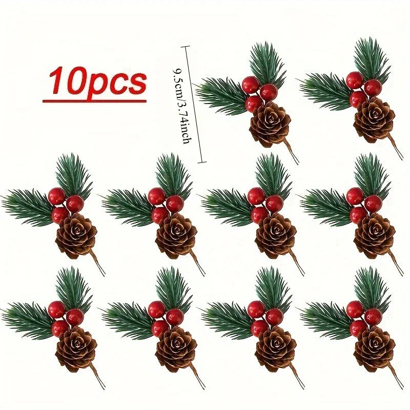 10pcs Artificial Pine Cones & Red Berries – Christmas Tree Toppers & Holiday Decor Set