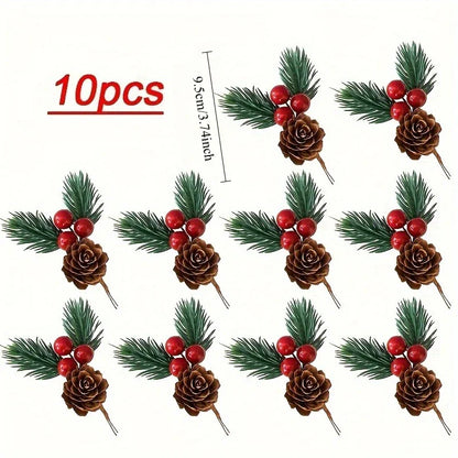 10pcs Artificial Pine Cones & Red Berries – Christmas Tree Toppers & Holiday Decor Set