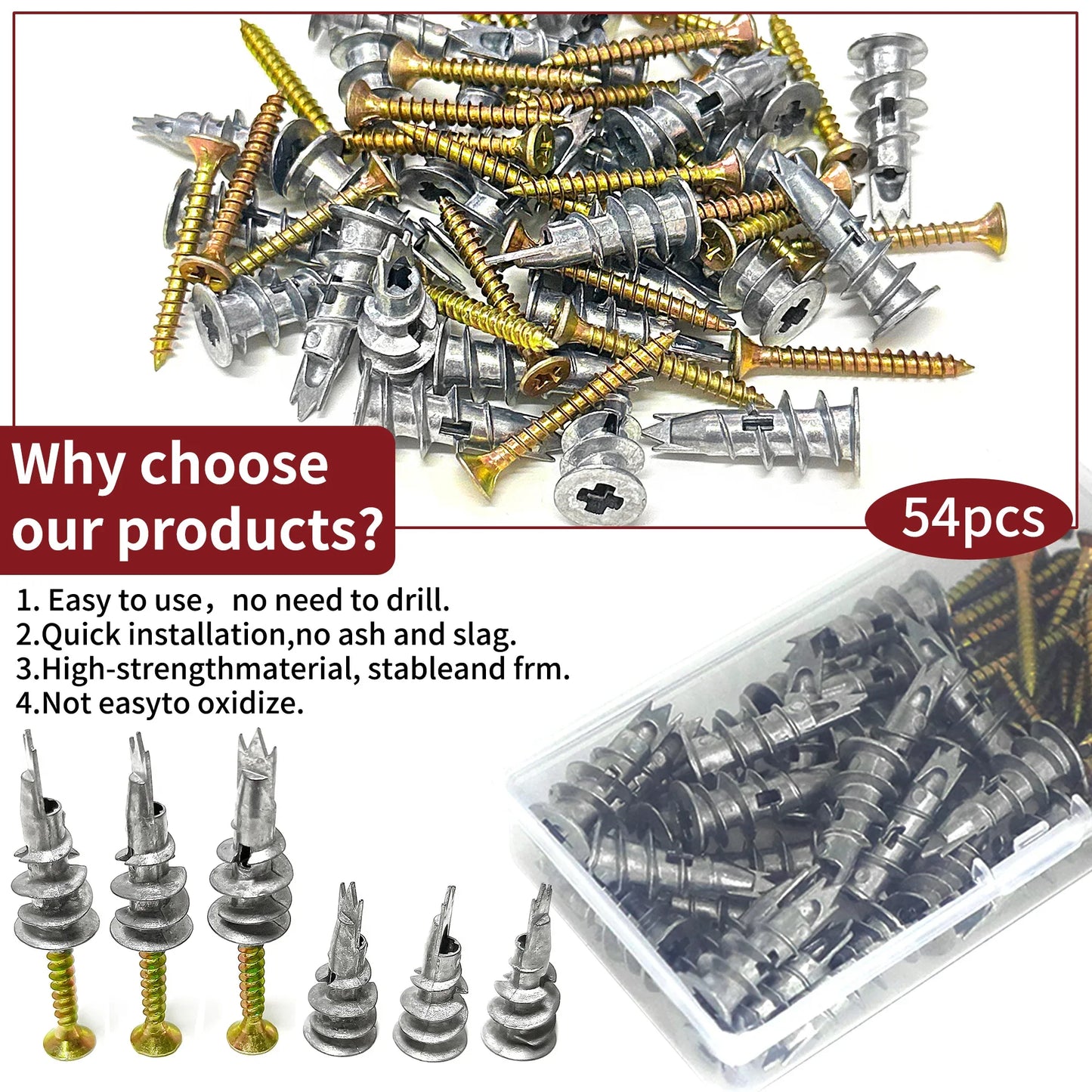 54pcs Self-Drilling Anchor & Screw Assortment — Multipurpose Drywall & Plasterboard Kit for Secure Fastening