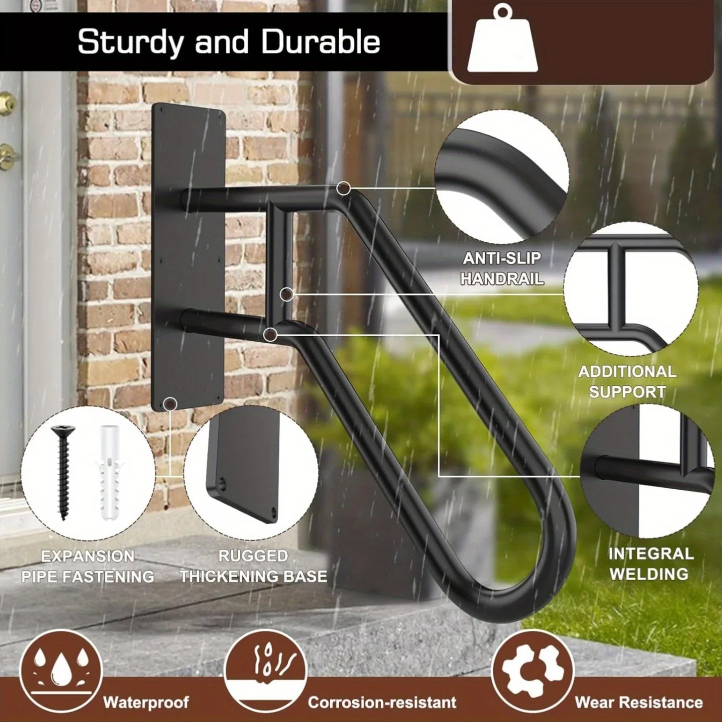 Matte Black U-Shaped Metal Handrail – Wall-Mounted Outdoor Stair Grab Rail, Modern Entryway Safety Railing