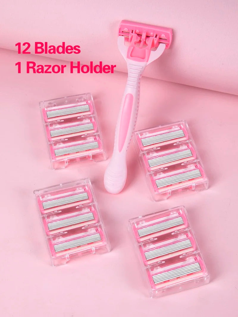 6-Layer Manual Safety Razor Set – 1 Handle + 12 Stainless Steel Replaceable Blades for Men & Women
