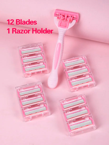 6-Layer Manual Safety Razor Set – 1 Handle + 12 Stainless Steel Replaceable Blades for Men & Women