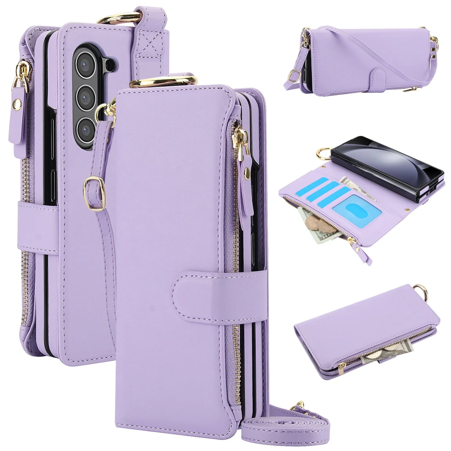 Crossbody Leather Wallet Case with Card Slots, Zipper & Kickstand for Samsung Galaxy Z Fold 3/4/5/6 – Wristband & Ring Holder