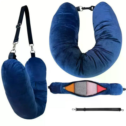 Travel U-Shaped Neck Pillow with Fillable Clothing Storage Bag – Crystal Fleece Pillowcase for Airplane & Comfort Travel Support