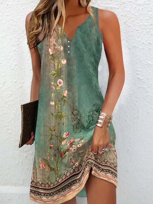 2023 Women's Summer Boho Mini Dress – Vintage Floral Print, V-Neck, Sleeveless Button, Plus Size Vestidos