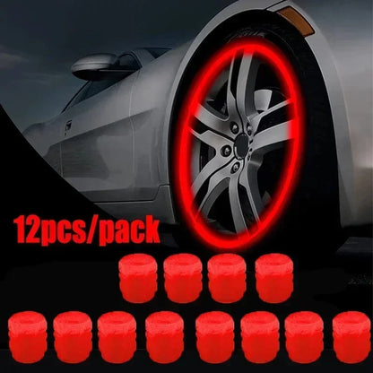12Pcs Luminous Valve Stem Caps - Fluorescent Night Glowing Wheel Hub Caps for Motorcycle, Bicycle and Car Tyres