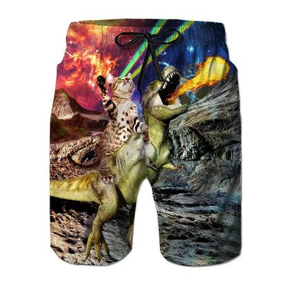 Men's Dinosaur Cat 3D Print Beach Shorts - Fun Hawaiian Swim Trunks