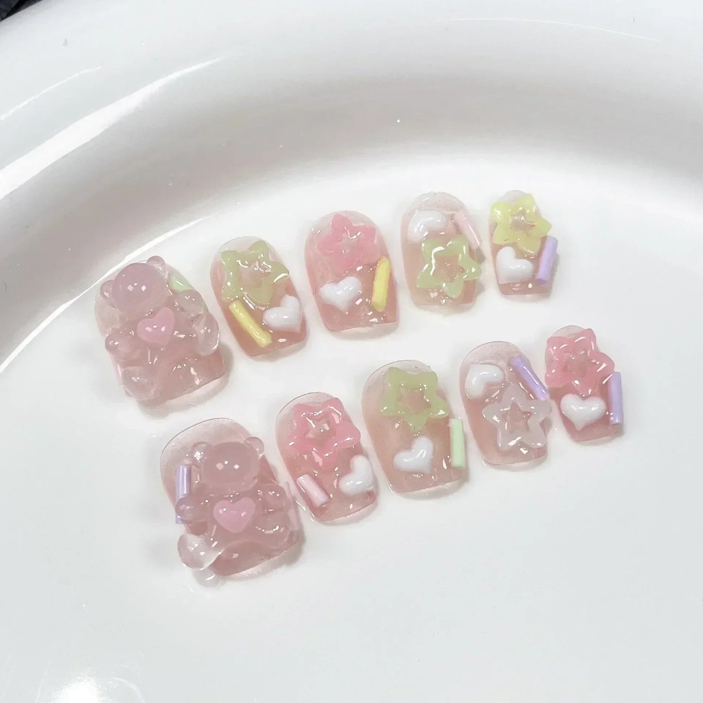 10 Pcs Pink Handmade Press-On Nails – Full Cover Bear & Heart Design with Rhinestones, Short Round Manicure Tips
