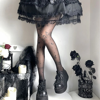 Musical Note Black Tights - Y2K Lolita Printed Stockings for Women, Party & Club Pantyhose