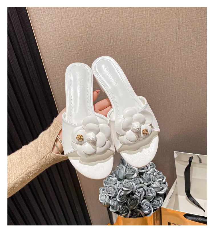 Luxury Women’s Flower Slippers — Camellia Open-Toe Slides for Home & Outdoor, Ladies Flip Flop Sandals