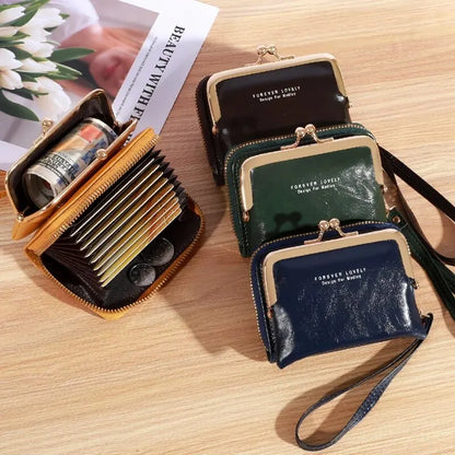 Women's Wrist Strap Wallet - Large Capacity Short Wax Oil Leather Zero Wallet with Multi-Card Holder and Letter Design