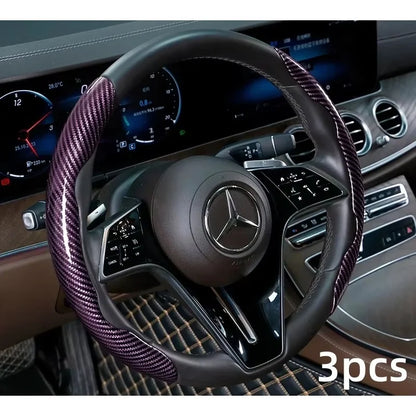 2/3PCS Universal Car Steering Wheel Cover — Laser Carbon Fiber, Silicone & 1K Microfiber Leather, Non-Slip PVC Booster