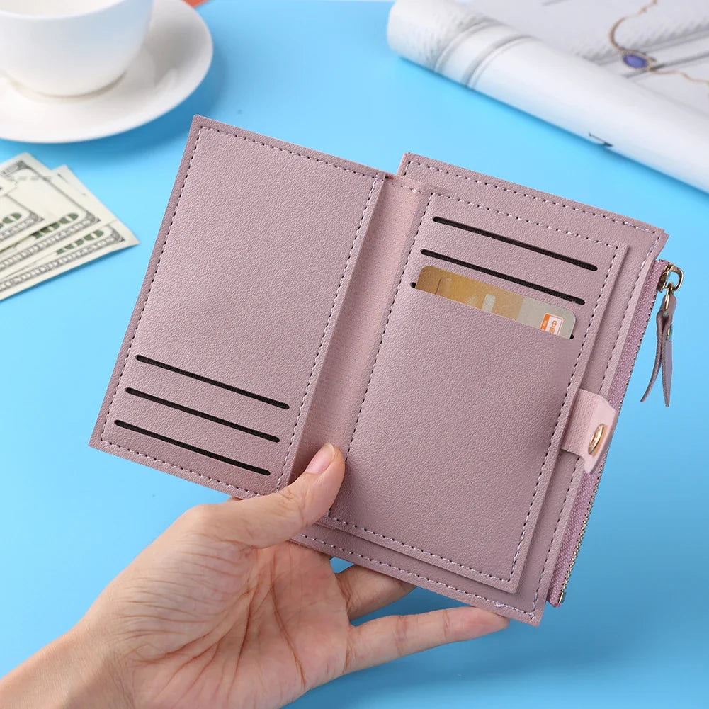 Women’s PU Leather Mini Wallet — Slim Hasp & Zipper Purse, Multi-Card Holder with Coin Pocket, Small Solid Short Wallet