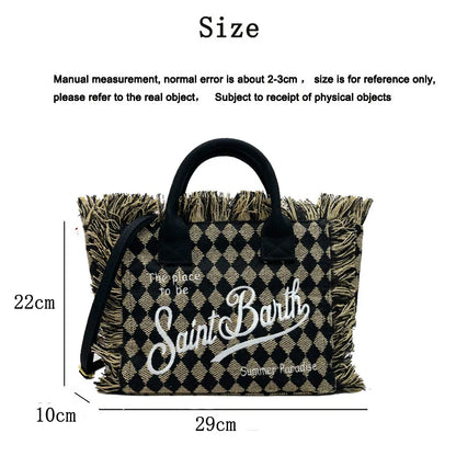 SAINT BARTH Houndstooth Crossbody Bag – Small Cotton Linen Handmade Tote with Tassels for Women