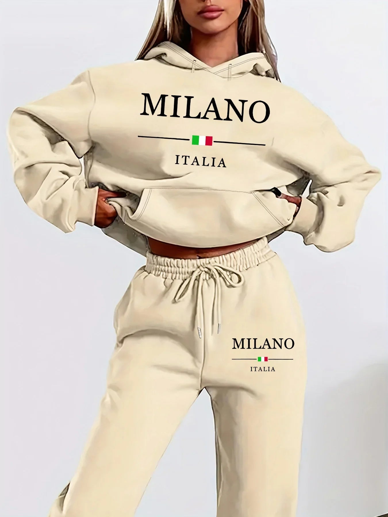 Women's Milano Italia 2-Piece Winter Set - Plush Warm Hooded Sweatshirt & Sports Pants Outfit