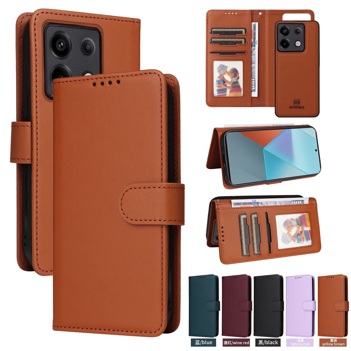 2-in-1 Magnetic Card Slot Leather Wallet Case for Xiaomi Redmi Note 13 Pro Plus, 12, 13C, 13T, C65 & POCO X6 5G – Stand Bag with Strap Cover