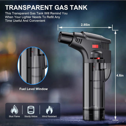 Jet Flame Torch Lighter — Refillable Butane Gas Lighter with Visible Fuel Tank, Windproof & Adjustable Flame for Kitchen