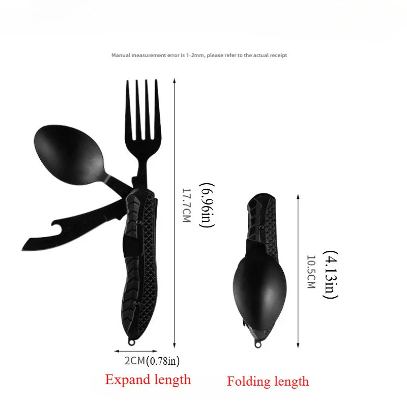 Portable Stainless Steel Camping Cutlery Set – Foldable Spoon, Fork, Knife & Bottle Opener Multitool