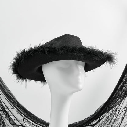Women's Cowboy Hat – Wide Brim Solid Color with Furry Trim for Parties & Outings
