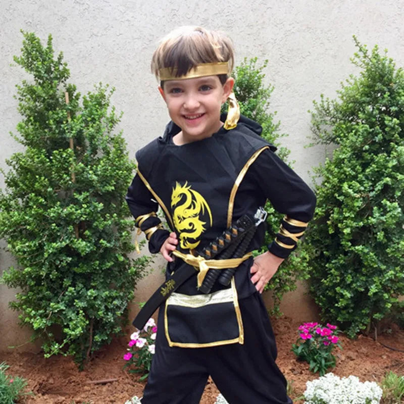 Kids Black Ninja Costume Set — Anime Samurai Outfit with Mask & Fighting Toy for Holidays & Gifts