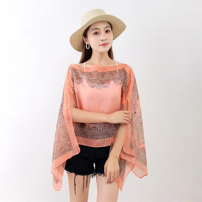 Women’s Summer Beach Shawl – Loose Chiffon Bikini Cover-Up Blouse with Buttons Sun Protection Scarf