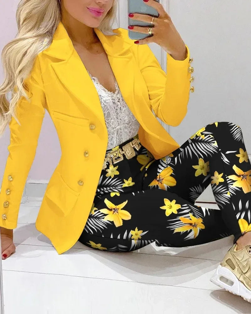 CM.YAYA Women’s Paisley Butterfly Blazer & Pants Set – Elegant 2-Piece Autumn Winter Street Style Outfit
