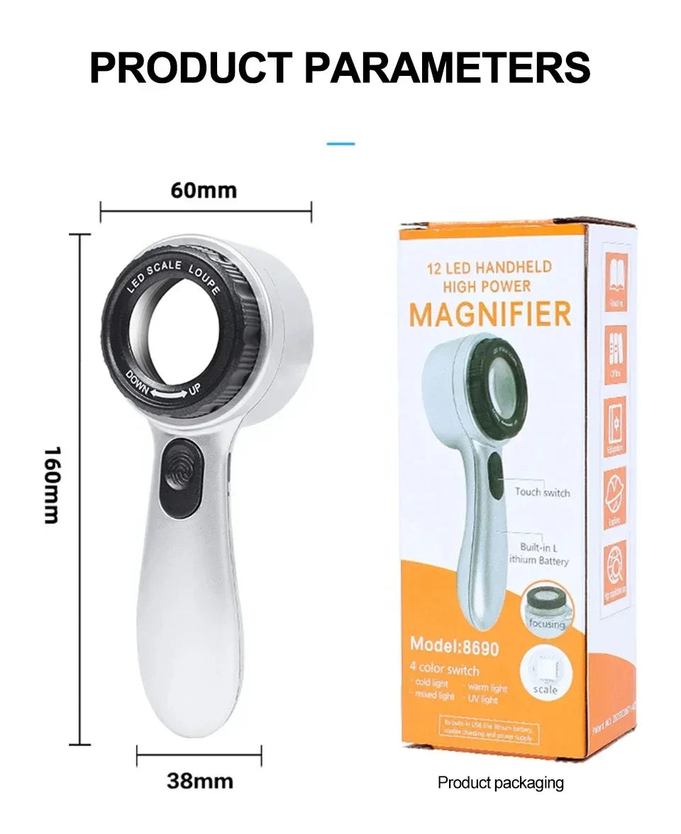 Rechargeable 30X Handheld Magnifying Glass – LED Illuminated Loupe with 4 Light Modes for Jewelry, Reading & Seniors