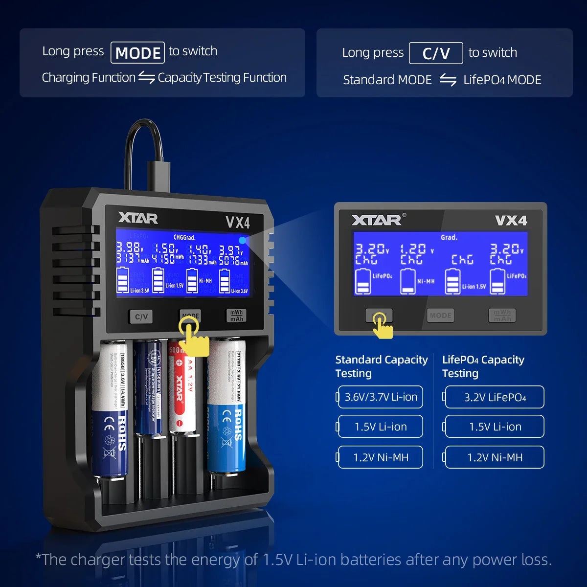XTAR VX4 20W Fast Battery Charger with LED Display – 18650, AAA/AA, Li-ion, NiMH, LiFePO4 Charger & Capacity Tester