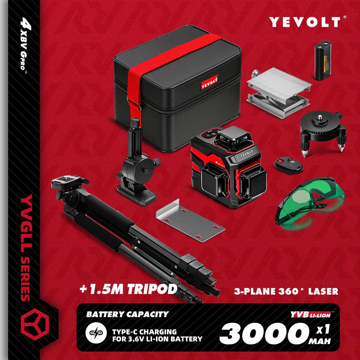 YEVOLT YVGLL4XS12 12-Line Green Laser Level – ±0.2mm/m Precision, IP54 Waterproof, Auto-Leveling with Slope Mode