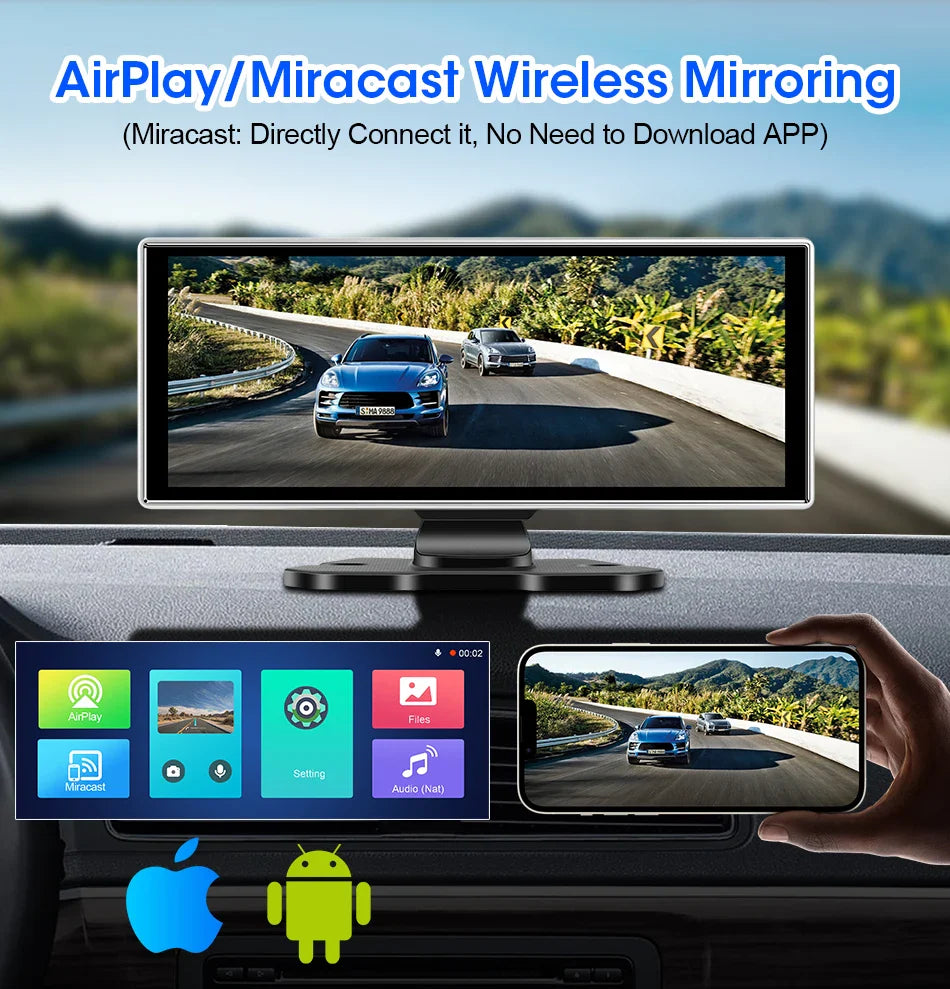 11.26-inch 4K Car DVR Dash Cam – Dual Lens Wireless CarPlay & Android Auto, GPS Navigation, 5G WiFi, FM, AUX Video Recorder Monitor