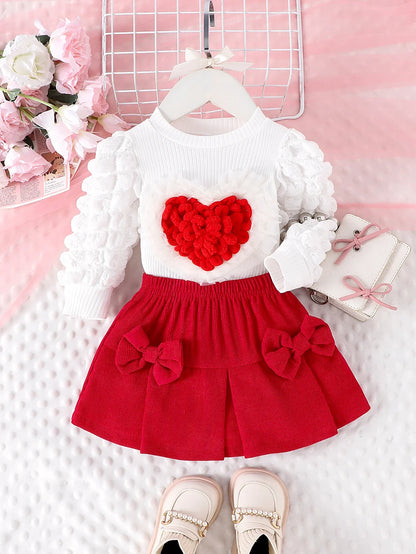 Girls' 2-Piece Love Badge Outfit Set - Bubble Sleeve Top & Short Skirt for Ages 1-3