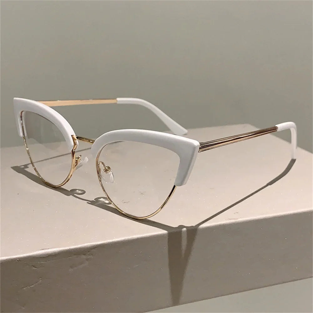 New Vintage Cat Eye Glasses Frame, Stylish Semi-Metal Rim Women’s Eyewear, Trendy Brand Design Non-Prescription Eyeglasses