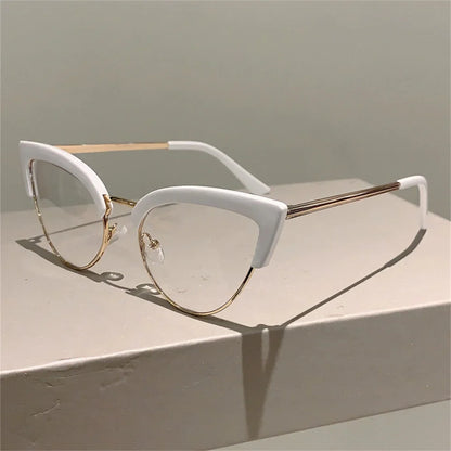 New Vintage Cat Eye Glasses Frame, Stylish Semi-Metal Rim Women’s Eyewear, Trendy Brand Design Non-Prescription Eyeglasses