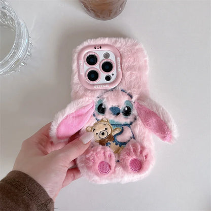 3D Cute Stitch Ear Plush Phone Case – Fluffy Shockproof Cover for iPhone 13–17 Pro Max & Plus