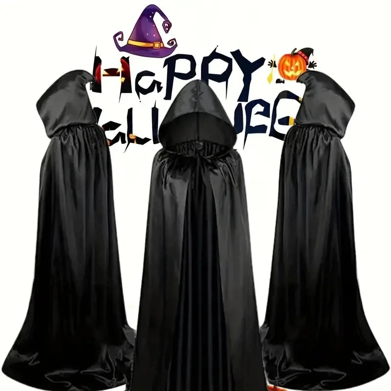 Unisex Halloween Hooded Black Cloak Witch Robe Long Cape Cosplay Costume Party Prop