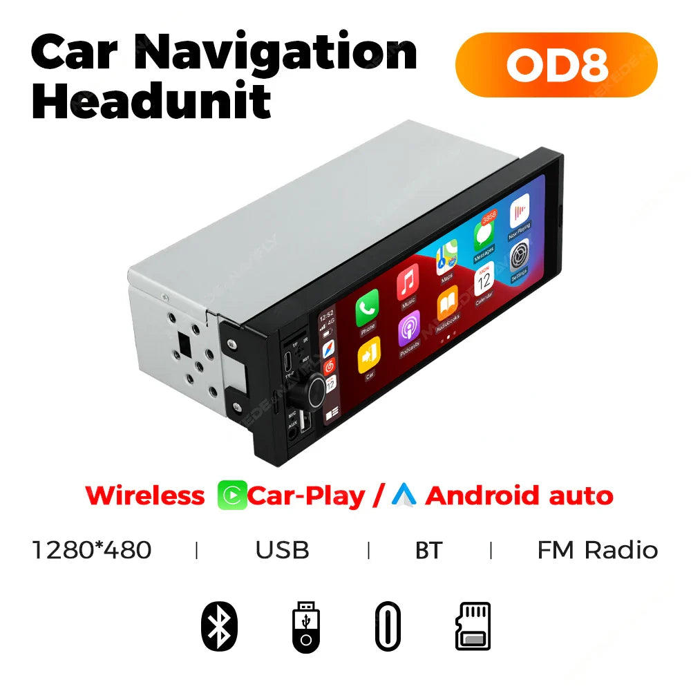1DIN Universal 6.86" MP5 Car Radio – Wireless CarPlay Android Auto Multimedia Video Player with AUX, USB, SWC, Bluetooth & Touchscreen