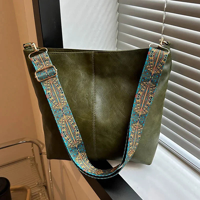 Wide Geometric Strap Shoulder Bag - Large Capacity Crossbody PU Leather Bag for Women, Retro Style for Shopping and Travel
