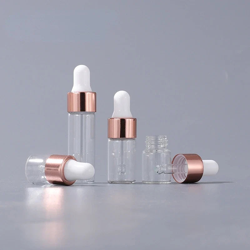 Mini Dropper Bottles - 10/20pcs Glass Empty Essential Oil Aromatherapy Bottles with Rose Gold Caps - Includes Pipettes - Various Sizes (1ml, 2ml, 3ml, 5ml)
