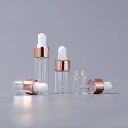 Mini Dropper Bottles - 10/20pcs Glass Empty Essential Oil Aromatherapy Bottles with Rose Gold Caps - Includes Pipettes - Various Sizes (1ml, 2ml, 3ml, 5ml)
