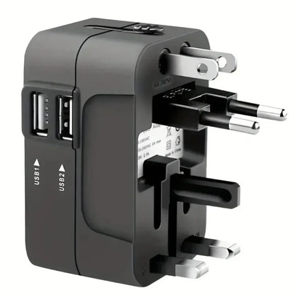 All-in-One Foldable Universal Travel Adapter – EU, UK, US, AU Power Charger with Dual USB 2.1A Ports and Outlet Converter Socket