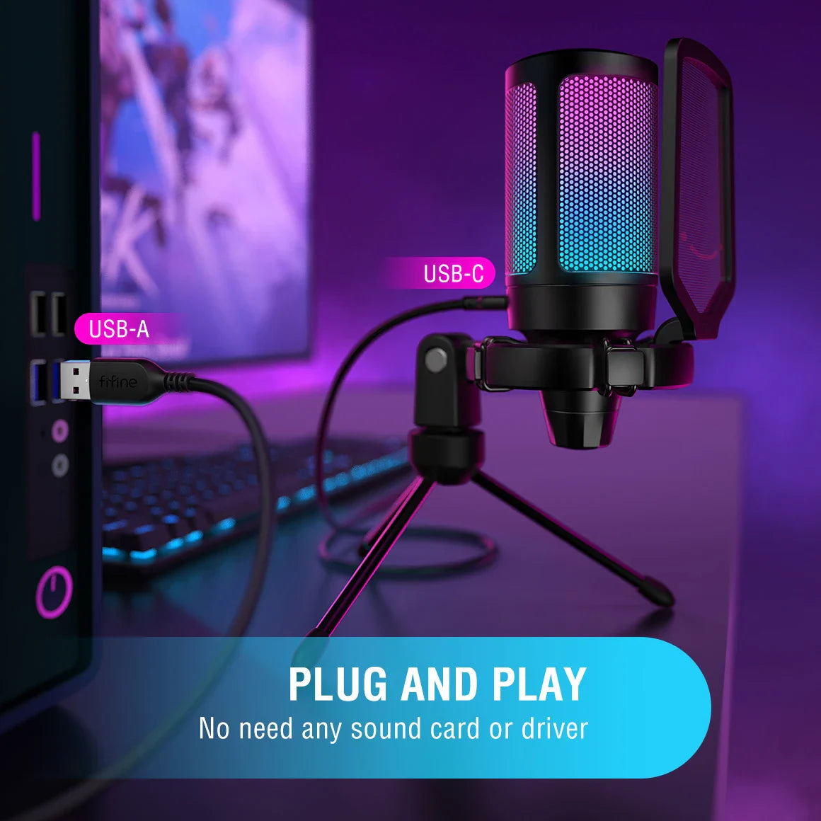 FIFINE A6V USB Gaming Microphone with Pop Filter & Shock Mount for PC PS4 PS5 Mac – Podcast & Streaming Mic with Gain Control