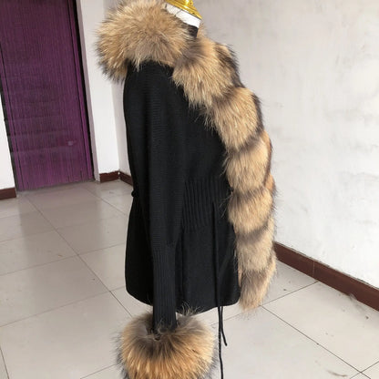 Women’s Spring & Autumn Sweater Cardigan – Real Fox Fur Collar Jacket, Natural Fur Outerwear