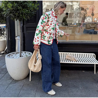 2025 Women’s Printed Quilted Padded Jacket – Collared Cotton Coat with Contrast Piped Pockets, Casual Autumn Outerwear